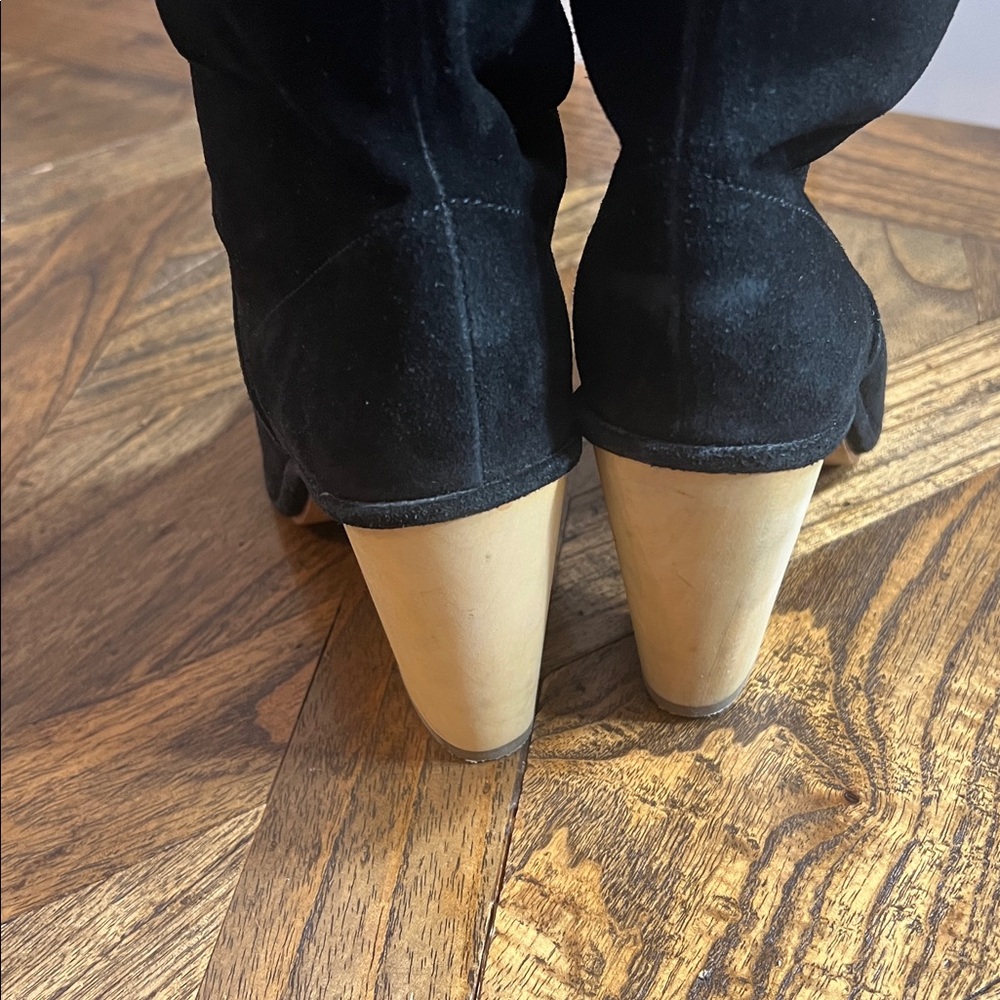 Vero Cuoio Black 3” Wooden Heel Boots, Open Toe, Italian Suede, Chunky, Sz 7 1/2 - Picture 4 of 8